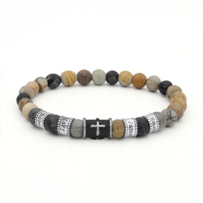 Bracelet Croix Noire en Jaspe Picasso avec Prénoms pour Homme