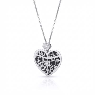 Heart Silhouette Map Necklace with Heart Diamond [Sterling Silver]
