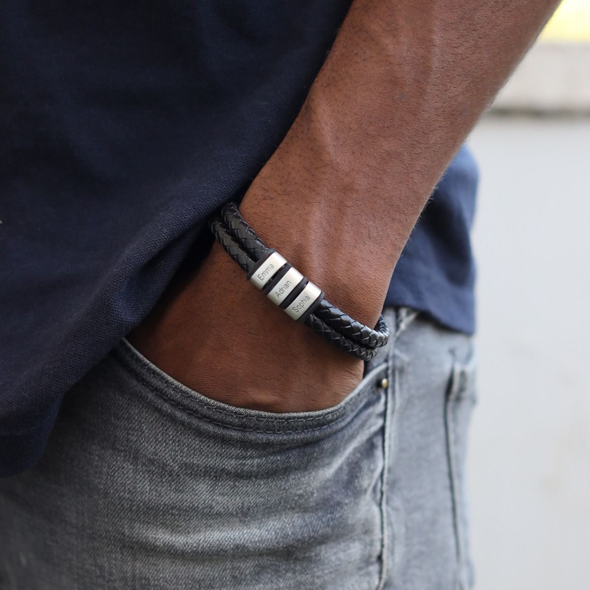 Black Men's Leather Bracelets Engraved (Silver) - Talisa