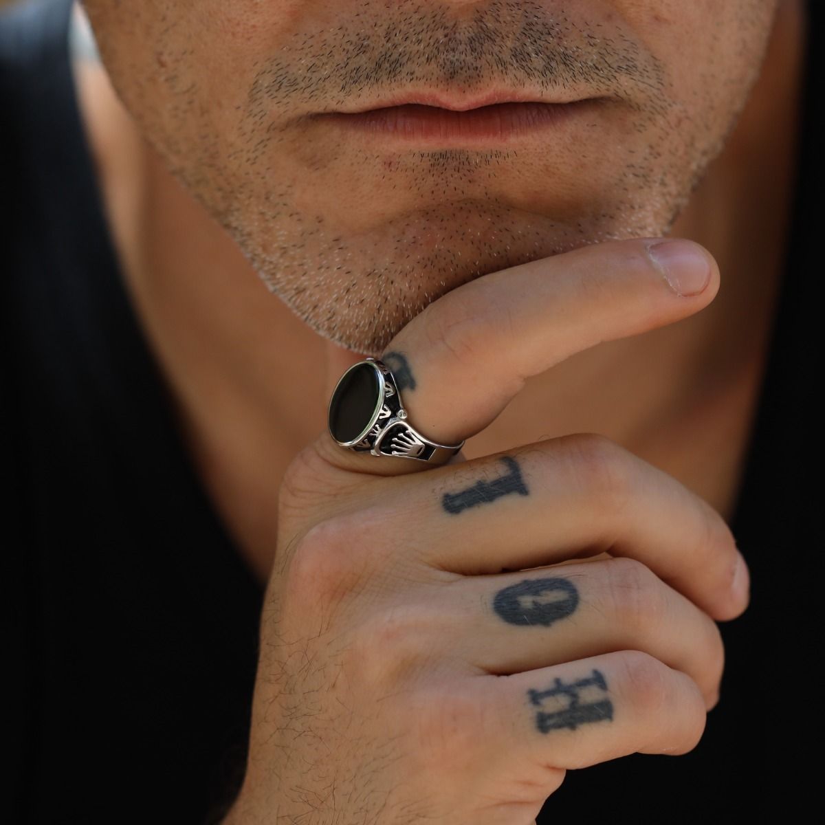 Black Orchid Onyx Ring- Silver Ring for Men