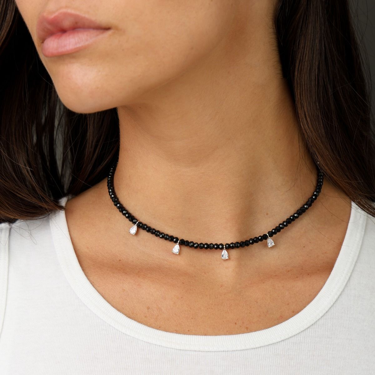 King Baby Long Black Spinel Necklace with White Pearls