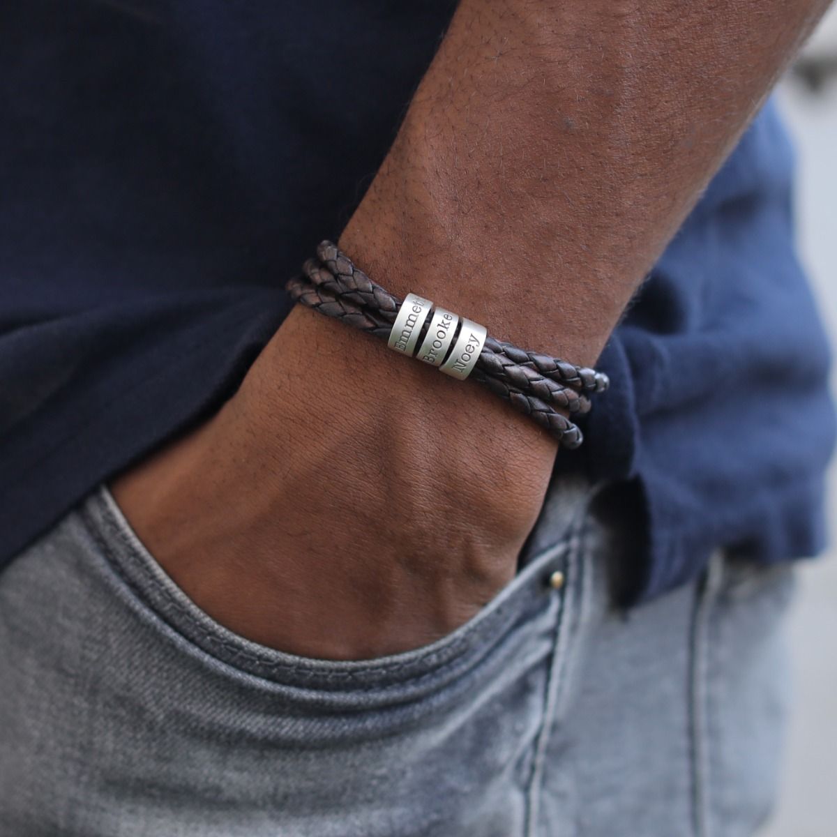 Men's Engravable Black or Brown Leather Bracelet with Sliding Accent in  Sterling Silver (1-3 Lines) - 8.5