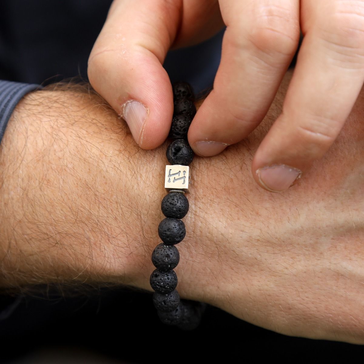Natural Lava Stone black 12mm Beaded elastica Men's Bracelet 7.5 inch 