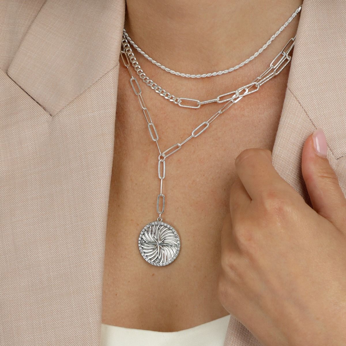 compass medallion necklacewith coordinate in sterling silver for her 3