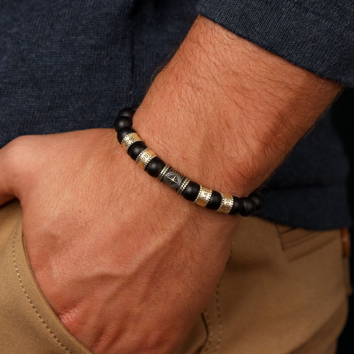 Compass Men Name Bracelet with Black Onyx Vintage Yellow