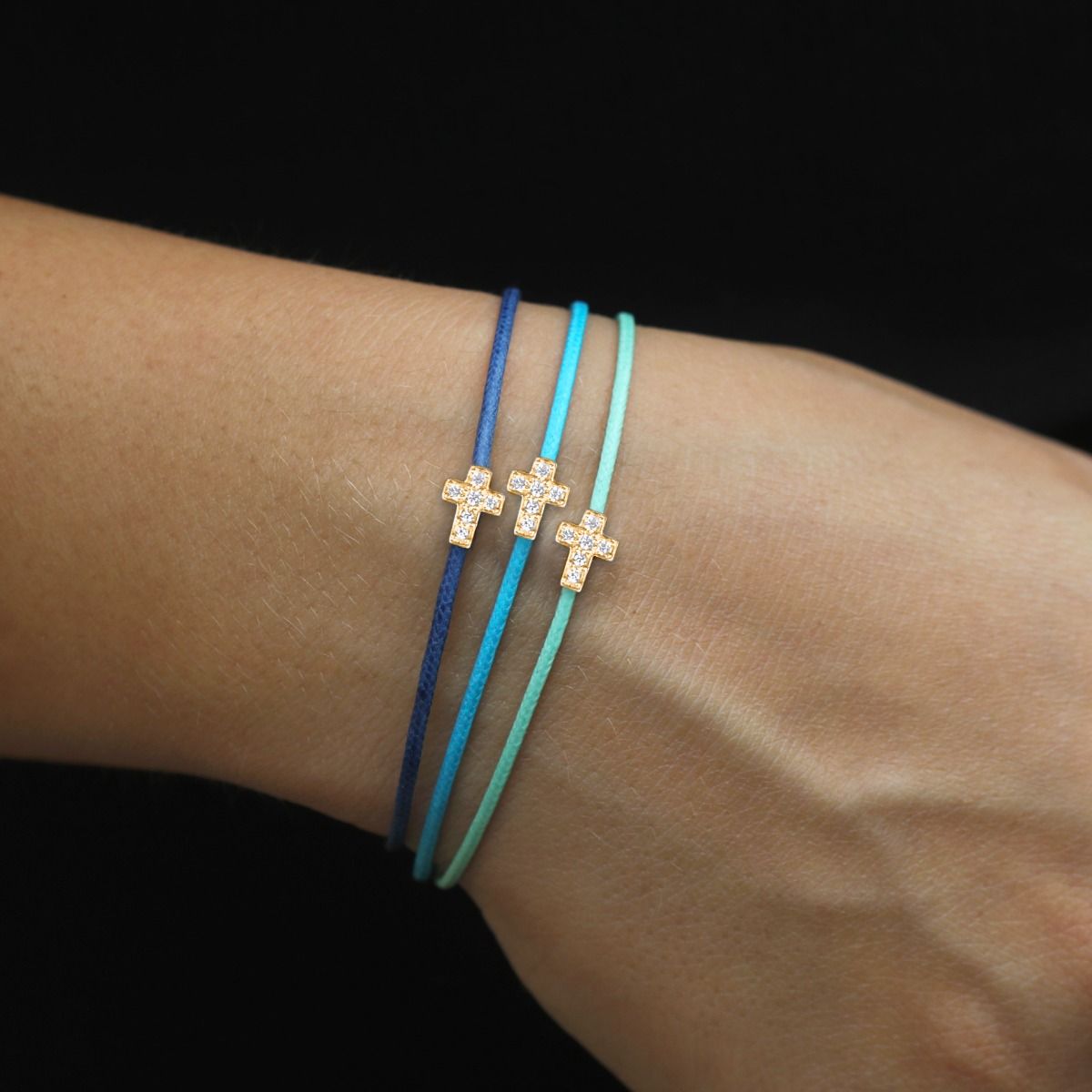 Crystal Cross Bracelet Blue Cord 18K Gold Plated