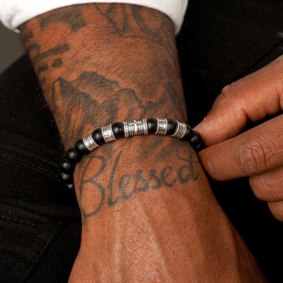 Cross Charm Name Bracelet Men - Black Onyx Bracelet by Talisa