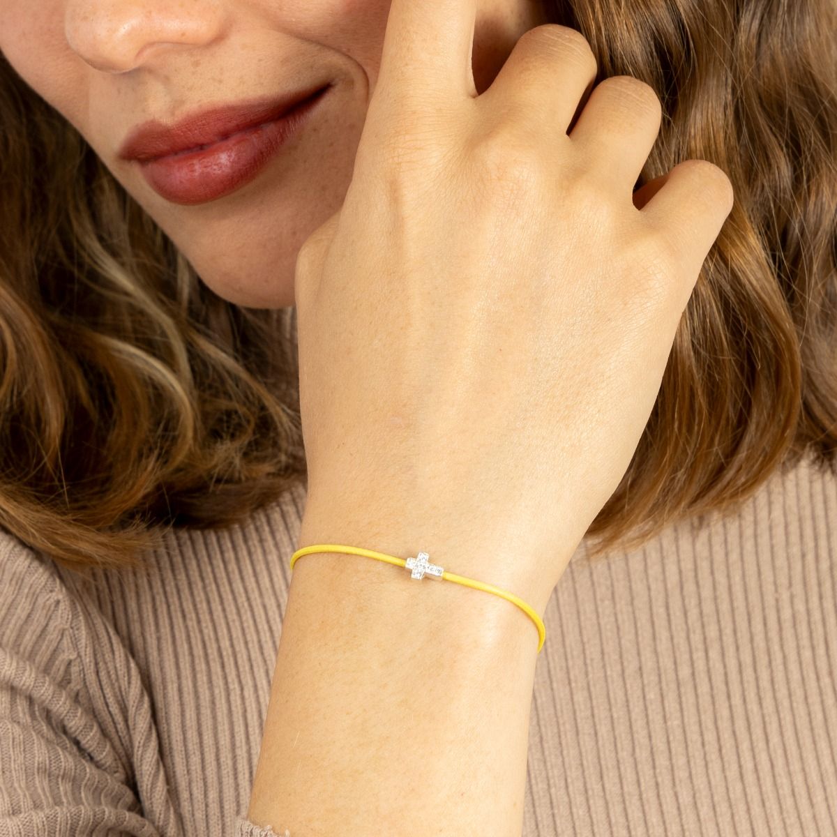 Crystal Bracelet with Cross Yellow String Adjustable Bracelet by
