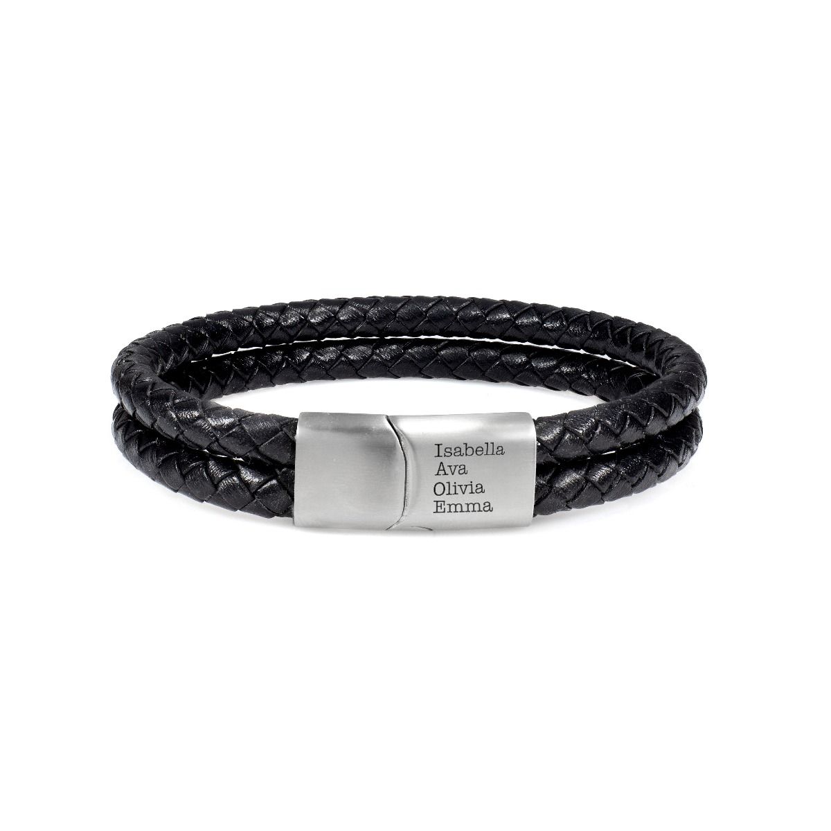 Bracelet femme double lien en cuir noir fermoir 2 noeuds acier 19cm