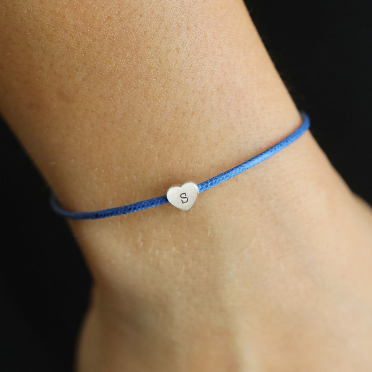 Heart Bracelet with Initial Blue String Bracelet in Silver Gifts for Her by Talisa