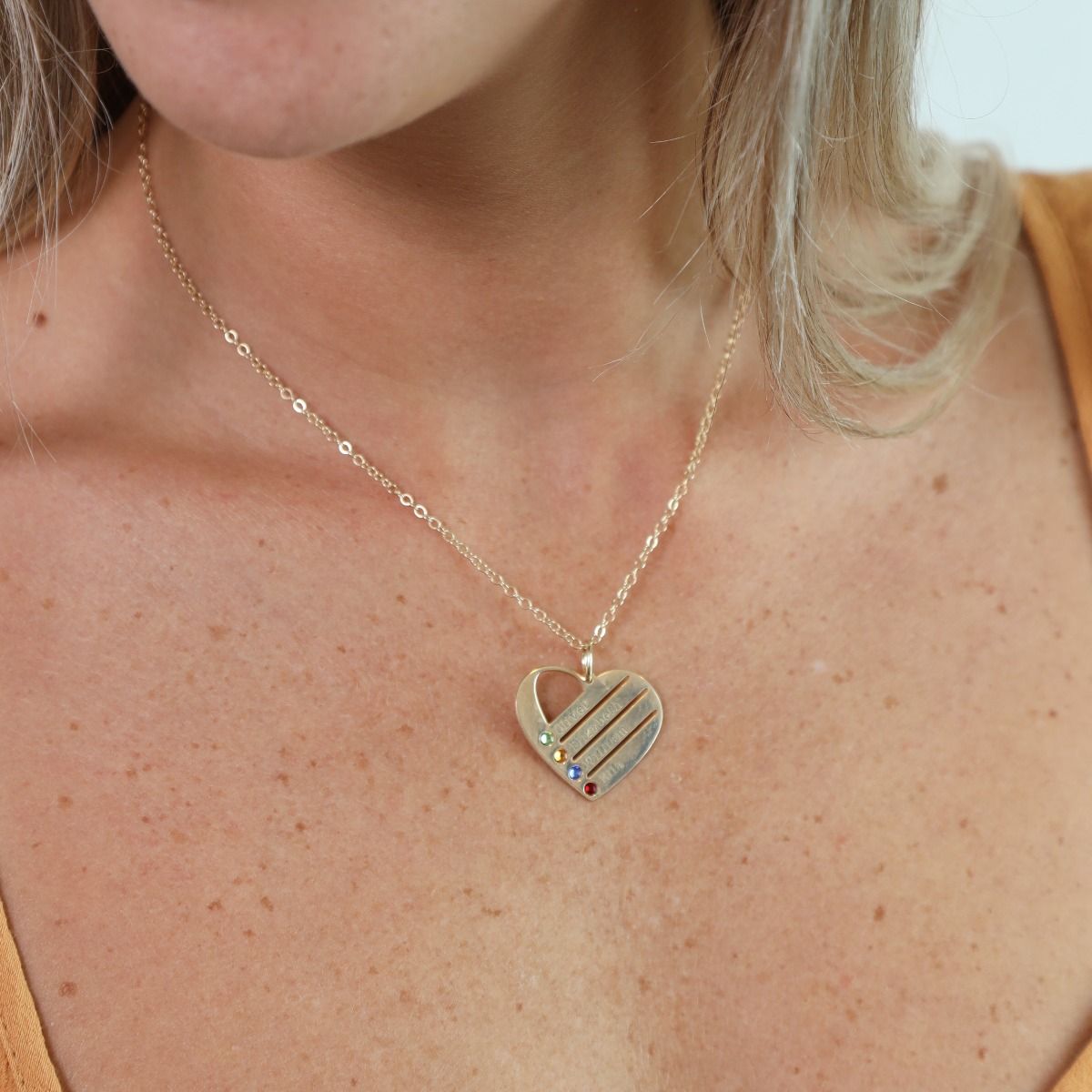 Gold heart necklace shop with birthstones