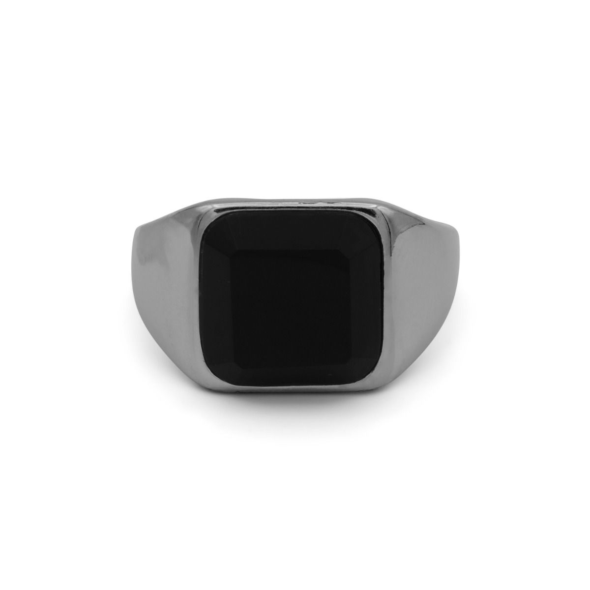 Brass Decorated Silver Ring Black Stone - Kannour