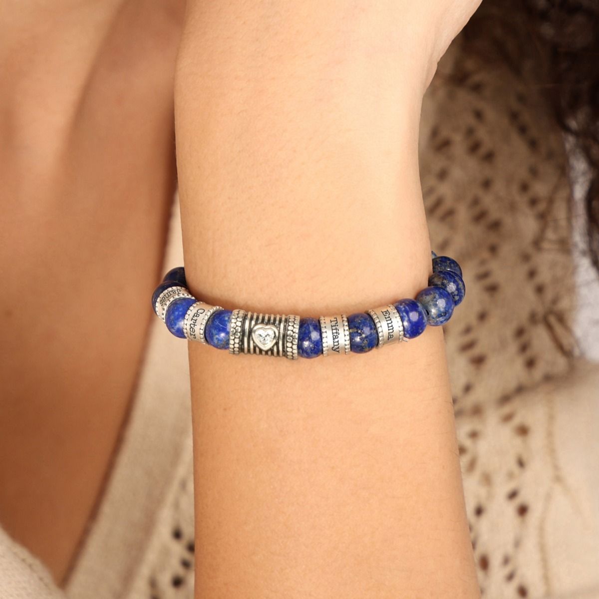 Lapis Lazuli Beaded Name Bracelet with Diamonds for Women by Talisa