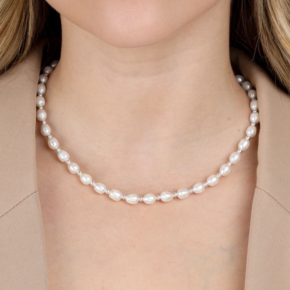 Pearl Necklace with Sterling Silver Beads for Women - Talisa