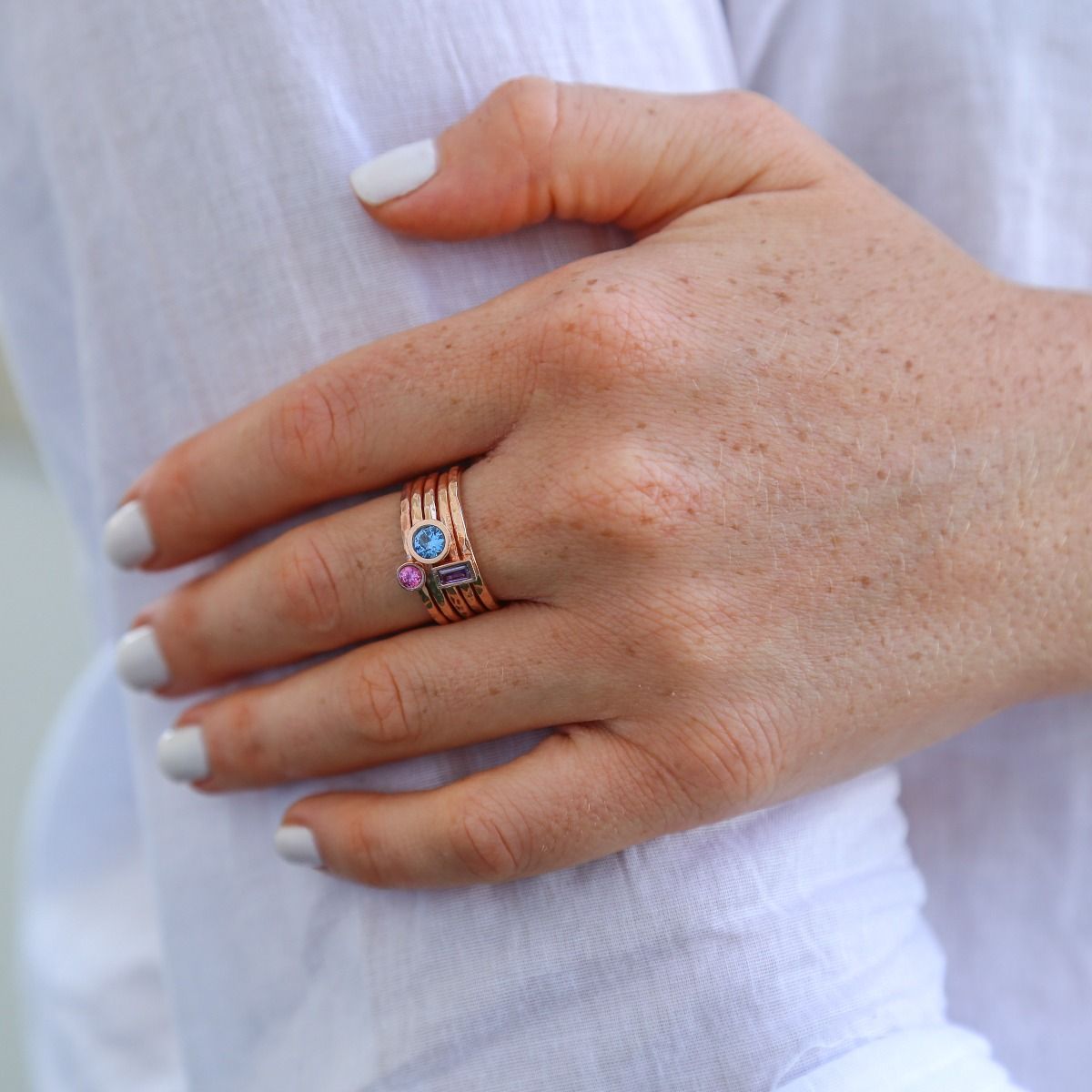 Stackable Birthstone Rings for Mom Rose Gold Plated Hammered