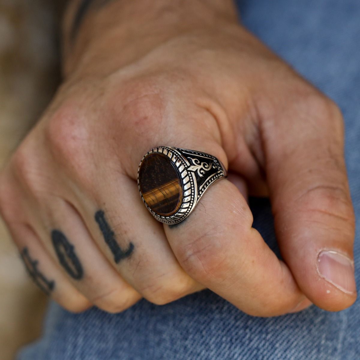 Men Silver Knitted Style Oval Blue Tiger Eye Gemstone Ring » Anitolia