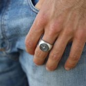 Compass Men's Signet Ring with Engraving - Sterling Silver