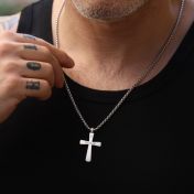 Engraved Cross Necklace for Men - Sterling Silver
