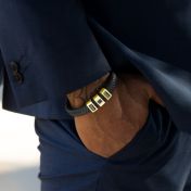 Schwarzes Herren-Lederarmband mit Nano-Bibel und Gravur - 750er Gold Vermeil