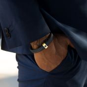 Black Leather Men Bracelet with Nano Bible - 18K Gold Vermeil