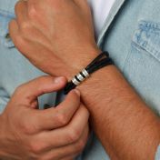 Black Leather Bracelet with Engraved Beads in Sterling Silver

