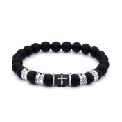 Black Silver Cross Diamond Men Name Bracelet - Black Onyx 
