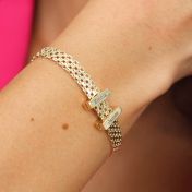 Verzaubertes Milanaise Armband mit Gravur - Balken Charm [750er Gold Vermeil]