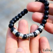 Family Wolf Men Name Bracelet with Black Onyx Stones