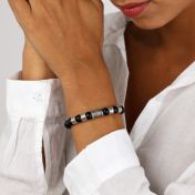 Bracelet Onyx Noir Prénom avec Boussole pour Femme - Argent