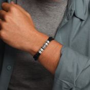 Men's compass bracelet with silver engraved charms - Black leather wristband 