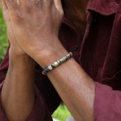 Men Name Bracelet with Green Tiger Eye Stones and Silver Charms with Engravings
