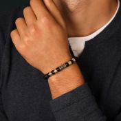 Bracelet Onyx Noir Prénom avec Boussole pour Homme - Laiton Doré