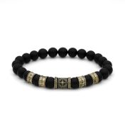 Bracelet Onyx Noir Prénom avec Boussole pour Homme - Laiton Doré