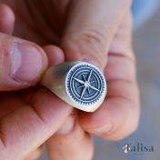 Compass Men's Signet Ring with Engraving - Sterling Silver