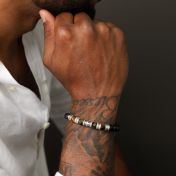 Cross Men Name Bracelet with Green Tiger Eye Stones [Silver]