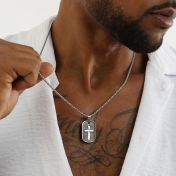 Cross Tag Engraved Necklace for Men - Sterling Silver