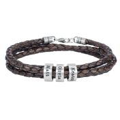 Brown Leather Bracelet with Engraved Spheres in Silver and lobster clasp 
