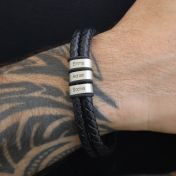 Double Layer Men Name Bracelet - Black Leather