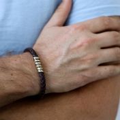 Brown leather bracelet for men with kid's names on gold plated  wrap charm