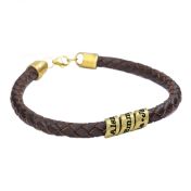 Men Brown Bracelet with Engraved Wrap Sphere in Gold Plating
