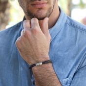 Mannen Donkerbruine Armband met Gegraveerde Spiraaal in Zilver