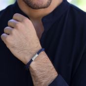 Men Navy Blue Bracelet with Engraved Wrap Sphere in Silver