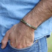 Men Olive Green Bracelet with Engraved Wrap Sphere in Silver
