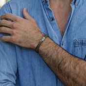 Men Olive Green Bracelet with Engraved Wrap Sphere in Silver