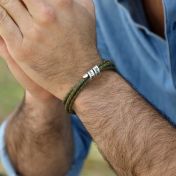 Men Olive Green Bracelet with Engraved Wrap Sphere in Silver