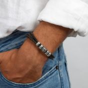 Hamsa Men Name Bracelet in Silver [Brown Leather]