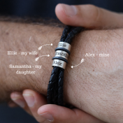 Men Separated Name Black Bracelet in Silver