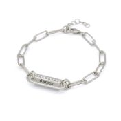 Link Chain Hexa Bar Engraved Bracelet - Moissanite Stones [Sterling Silver]