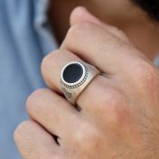 Black Onyx Engraved Ring for Men - Sterling Silver