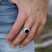 Black Onyx Engraved Ring for Men - Sterling Silver